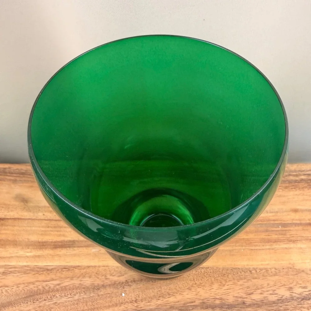 Art Deco Emerald Green Art Glass Vase Hand Blown Mid Century Modern Style 9 inch